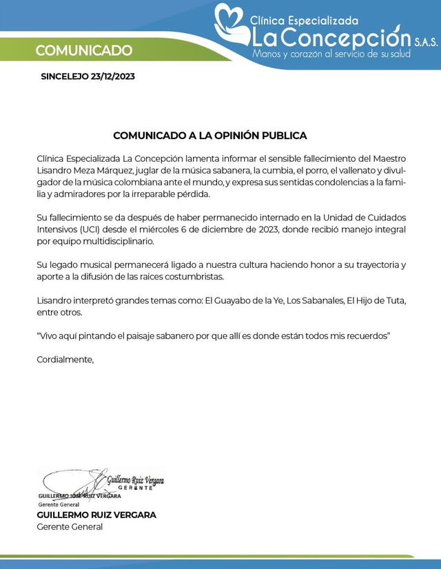 comunicado lizandro meza fallece